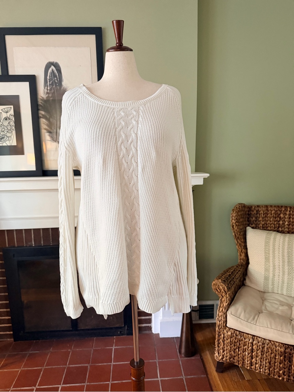 Nautica Cream Cotton Cable Knit Fisherman Tunic Sweater - Size XXL